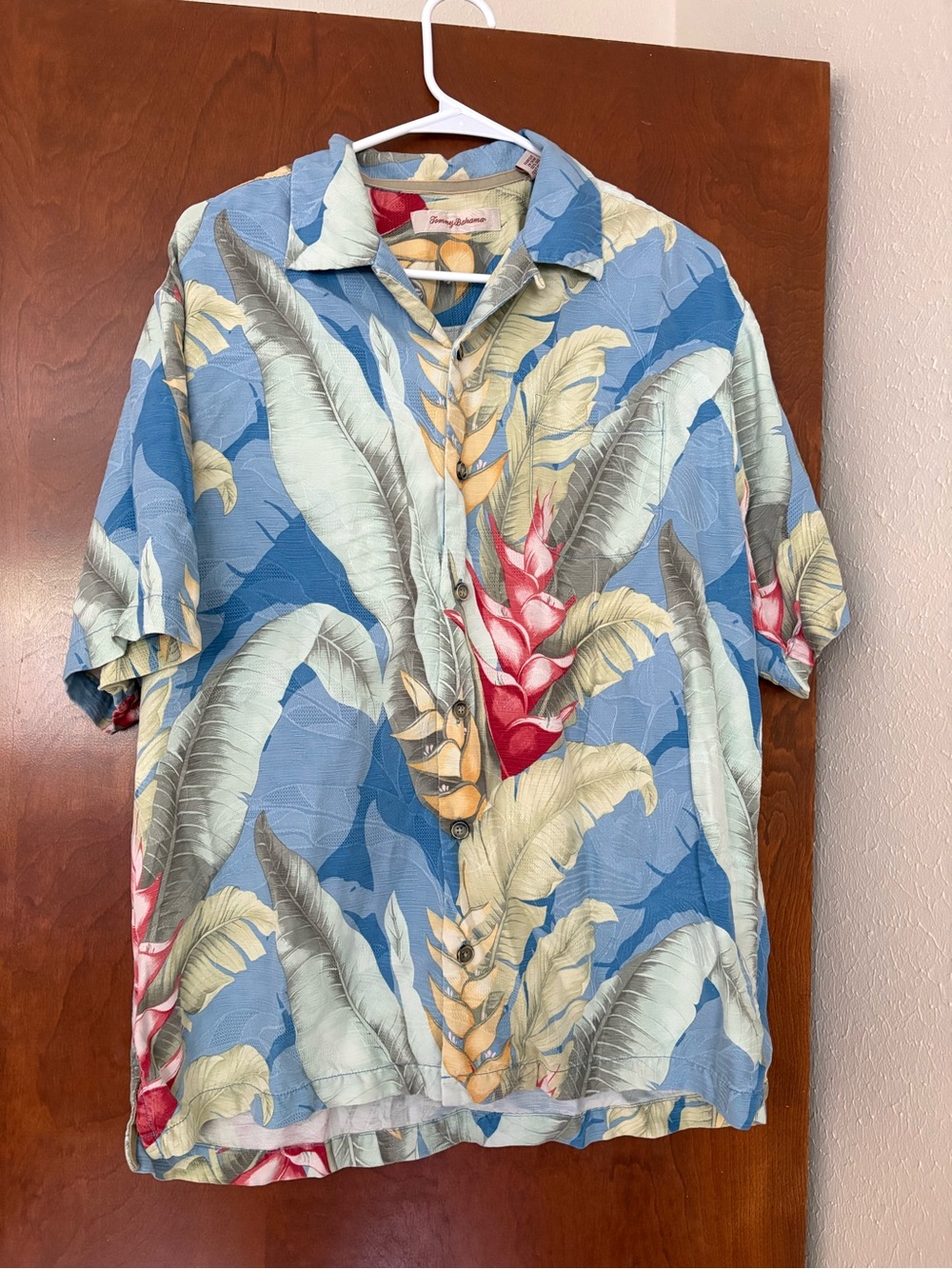 Tommy Bahama Blue Tropical Floral Camp Shirt with Red and Cream Accents
